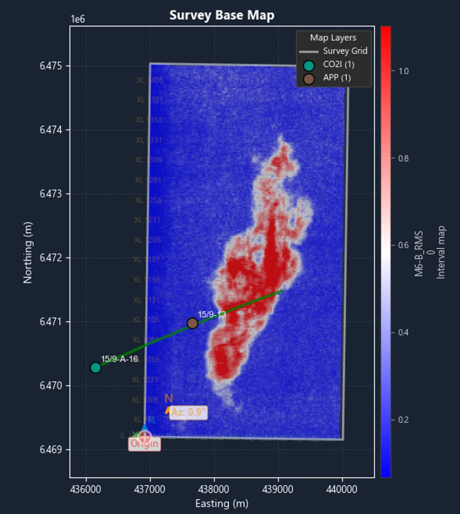 Sleipner survey base map of the observed 4D interval RMS attribute over the same survey area.