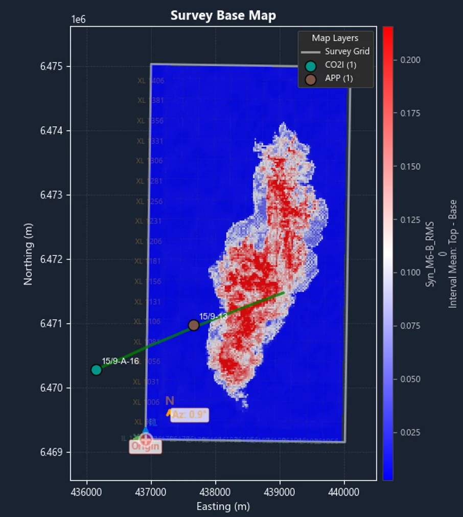 Sleipner survey base map of the synthetic interval RMS attribute predicted by the reservoir simulator and petro-elastic model.